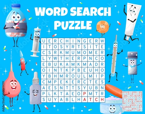 Cartoon medical instruments, pills, ointment word search puzzle game worksheet. Vector kids quiz with funny medicine characters, square word maze of syringe, thermometer, capsules, drops and enema