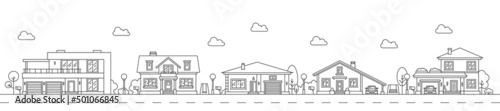 Foto Neighborhood line art cityscape, town city street and houses, vector outline landscape