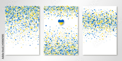 Banners set of three sheets with blue and yellow confetti and paper heart in Ukrainian flag colors. Vector flyer design templates for cards, brochure design, certificates