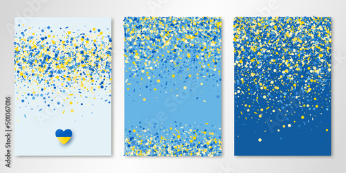 Banners set with blue yellow confetti and paper heart in Ukrainian flag colors on three sheets. Vector templates for cards, brochure design, certificates, flyers