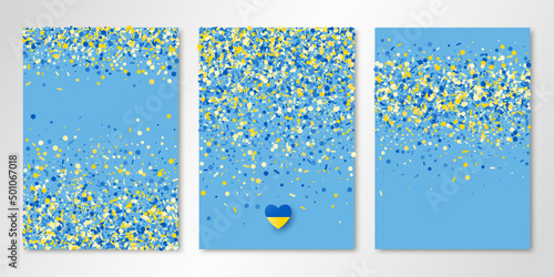 Banners set with blue yellow confetti and paper heart in Ukrainian flag colors on soft blue sheets. Vector design templates for cards, brochure design, certificates, flyers