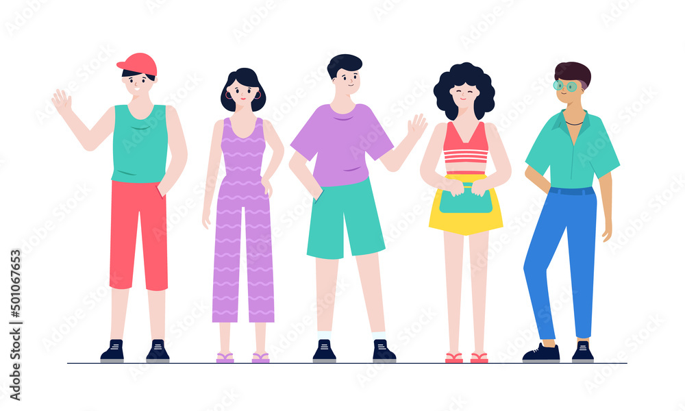 Young summer people standing, vector colorful characters