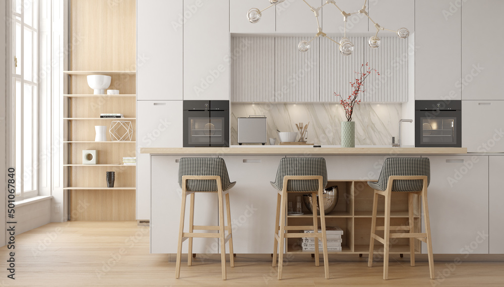 Modern interior of white kitchen with living room. 3d render - obrazy, fototapety, plakaty 