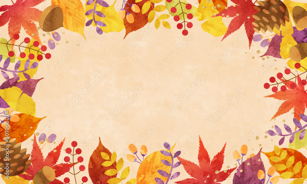 秋の植物の葉っぱのベクターイラストフレーム背景 落ち葉 葉 木の葉 Frame Card Leaf Autumn Dry Leaves Fallen Leaves Natural Stock Vector Adobe Stock
