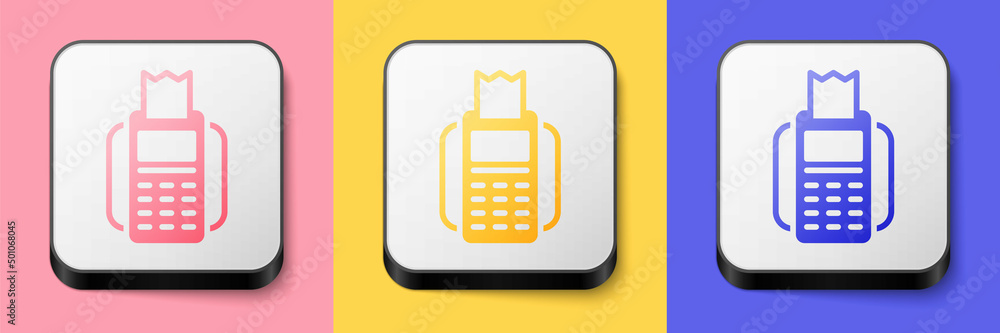 Isometric POS terminal with inserted credit card and printed reciept icon isolated on pink, yellow and blue background. NFC payment concept. Square button. Vector Isometric POS terminal with inserted credit card and printed reciept icon isolated on pink, yellow and blue background. NFC payment concept. Square button. Vector