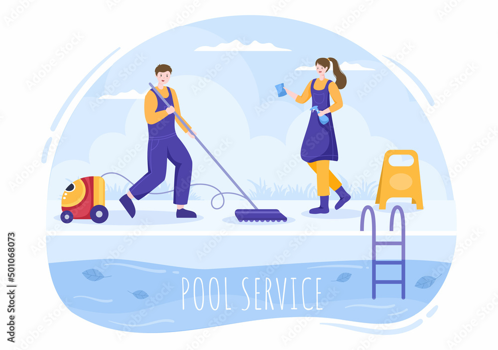 Swimming Pool Service Worker with Broom, Vacuum Cleaner or Net for Maintenance and Cleaning of Dirt in Flat Cartoon Illustration Swimming Pool Service Worker with Broom, Vacuum Cleaner or Net for Maintenance and Cleaning of Dirt in Flat Cartoon Illustration