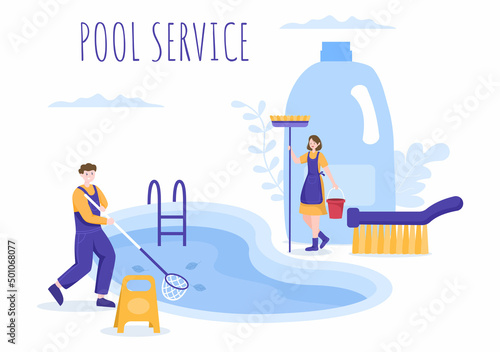 Swimming Pool Service Worker with Broom, Vacuum Cleaner or Net for Maintenance and Cleaning of Dirt in Flat Cartoon Illustration