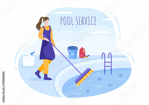 Swimming Pool Service Worker with Broom, Vacuum Cleaner or Net for Maintenance and Cleaning of Dirt in Flat Cartoon Illustration