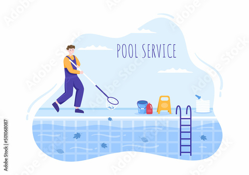 Swimming Pool Service Worker with Broom, Vacuum Cleaner or Net for Maintenance and Cleaning of Dirt in Flat Cartoon Illustration