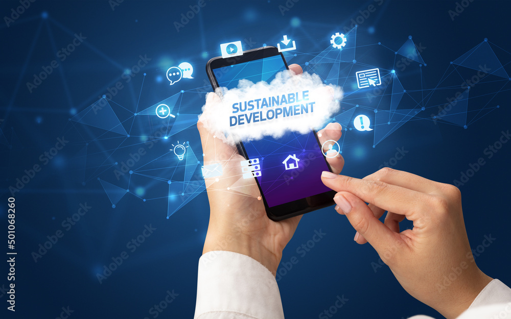 Hand using smartphone with cloud technology concept Hand using smartphone with cloud technology concept