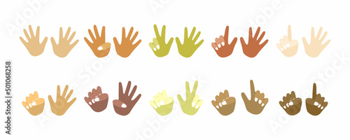 Finger counting kit for mental math school, math course, creative kids. Palms of different colors, different races. Finger counting. Math. Modern design vector illustration concept for website design.