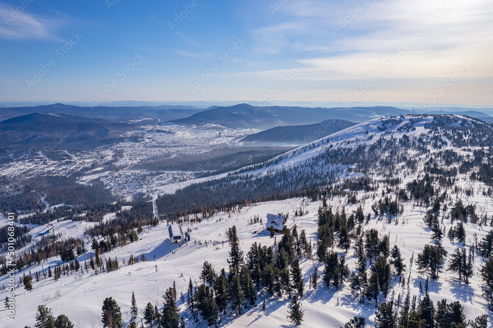 Aerial top view landscape Sheregesh ski lift resort winter, mountain and hotels, Russia Kemerovo region