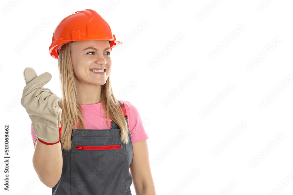 Concept of occupation, young woman in uniform isolated on white background Concept of occupation, young woman in uniform isolated on white background
