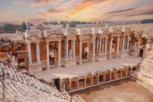 Amphitheater in Hierapolis ancient city in Pamukkale Turkey banner sunset photo