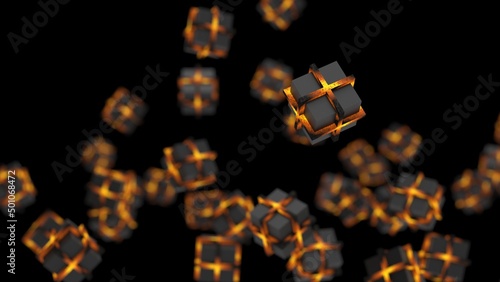 Orange illuminated cubes under black background. Block chain network technology concept illustration. 3D illustration. 3D CG. 3D high quality rendering. 