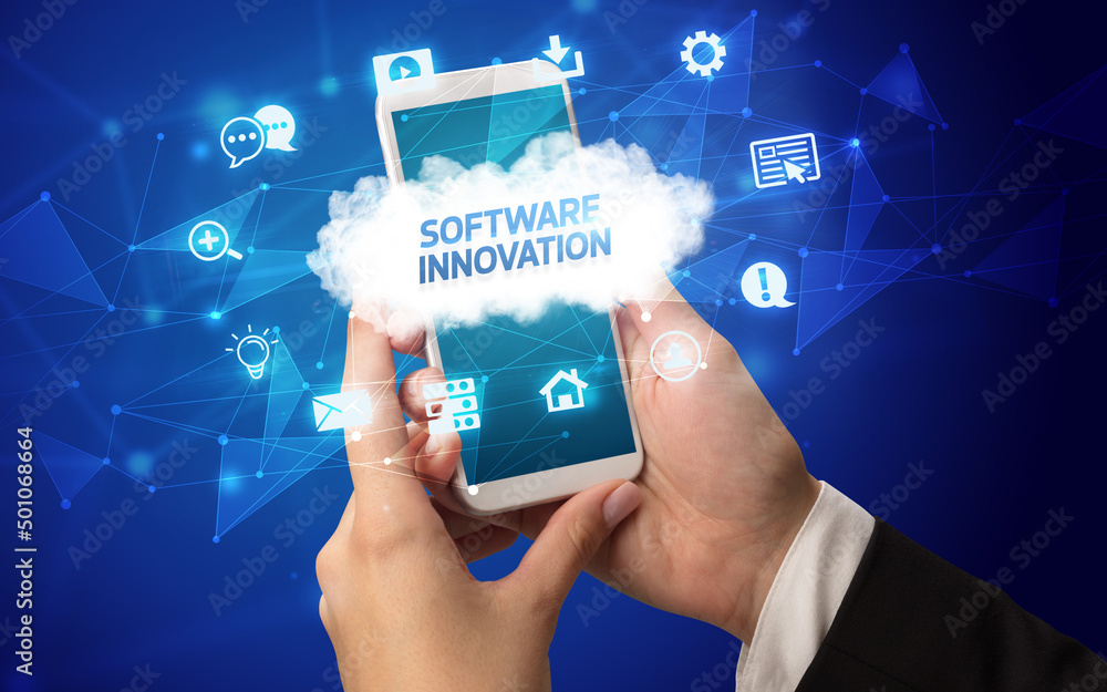 Hand using smartphone with cloud technology concept Hand using smartphone with cloud technology concept