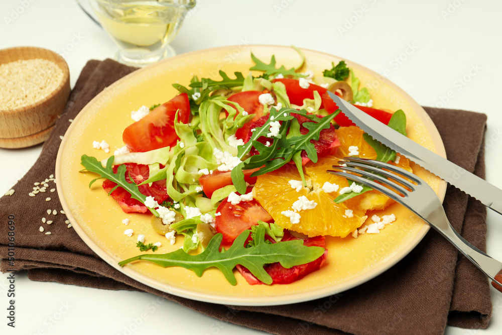 Concept of tasty food, salad with red orange, close up Concept of tasty food, salad with red orange, close up