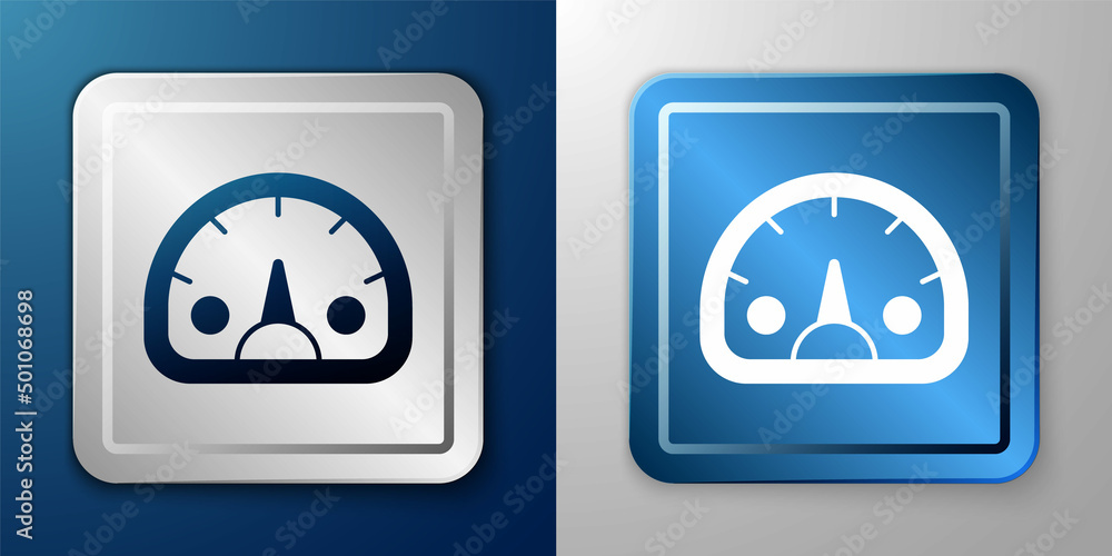 White Speedometer icon isolated on blue and grey background. Silver and blue square button. Vector White Speedometer icon isolated on blue and grey background. Silver and blue square button. Vector