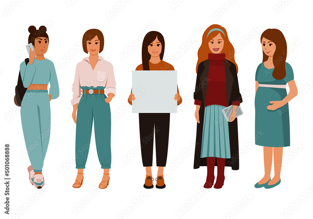 Fototapeta premium Five young girls in different fashionable outfits