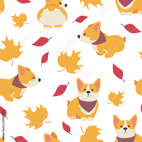 Pattern cute red dogs and autumn leaves