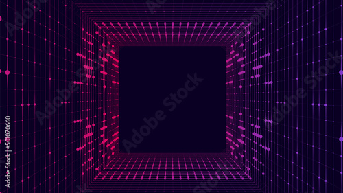 Technology wireframe square tunnel on dark background. Futuristic 3D wormhole grid. Digital dynamic wave. Vector illustration.