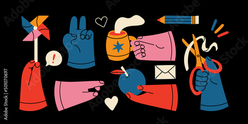 Set of contrasting hands with different gestures and positions. The limbs of the body hold objects. Cup with hot drink, apple, scissors with ribbon, windmill in hand. Isolated flat style stickers.