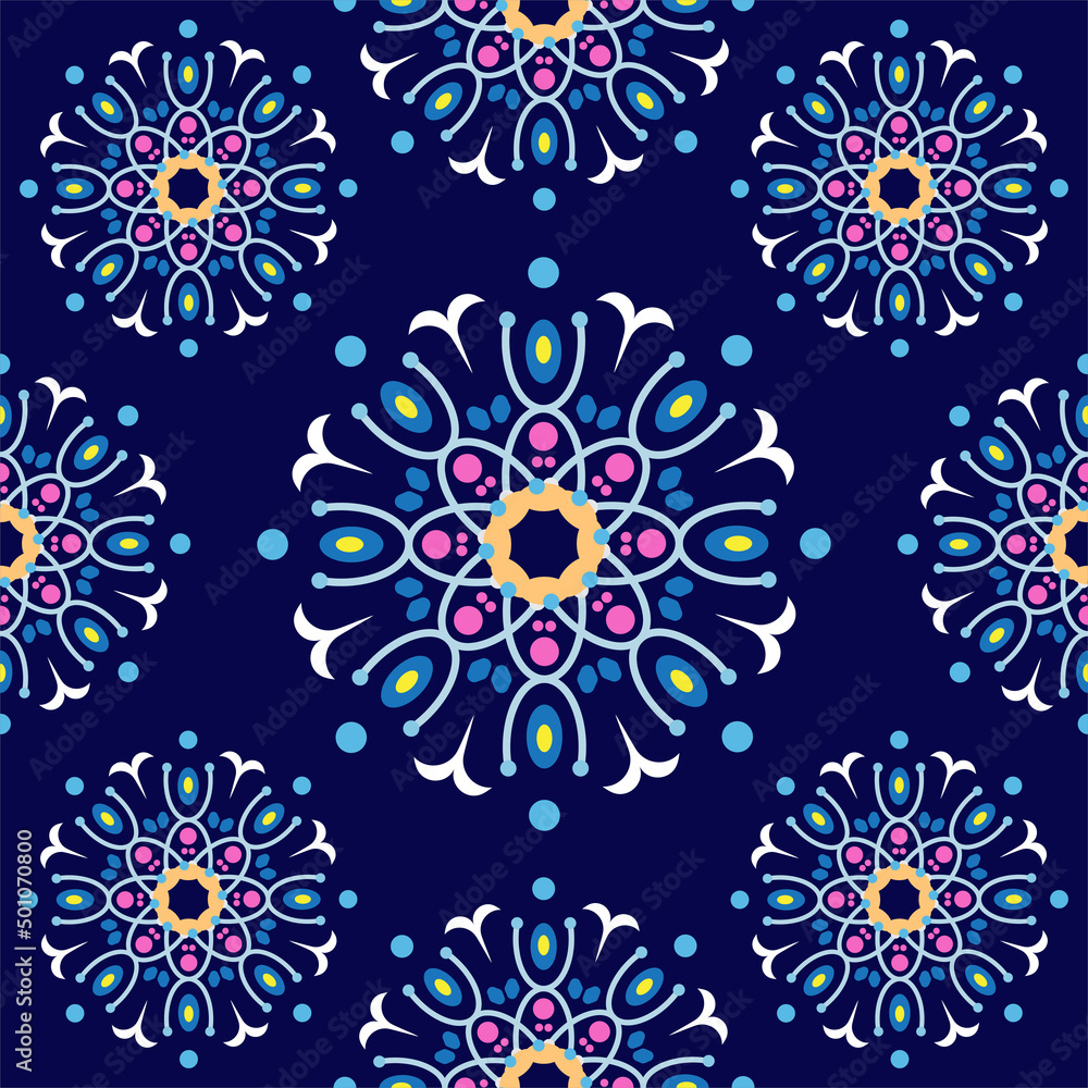 Beautiful seamless mandala flowers pattern. Stylish floral design template. Tileable retro ornament. Colorful, navy blue, pink, beige, yellow