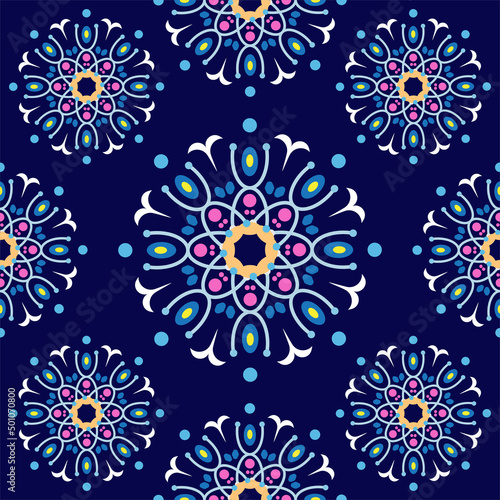 Beautiful seamless mandala flowers pattern. Stylish floral design template. Tileable retro ornament. Colorful, navy blue, pink, beige, yellow