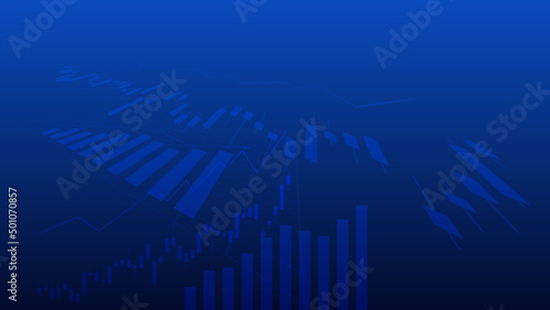 Financial business statistics with bar graph and candlestick chart with uptrend line indicator show stock market price and effective earning on blue background
