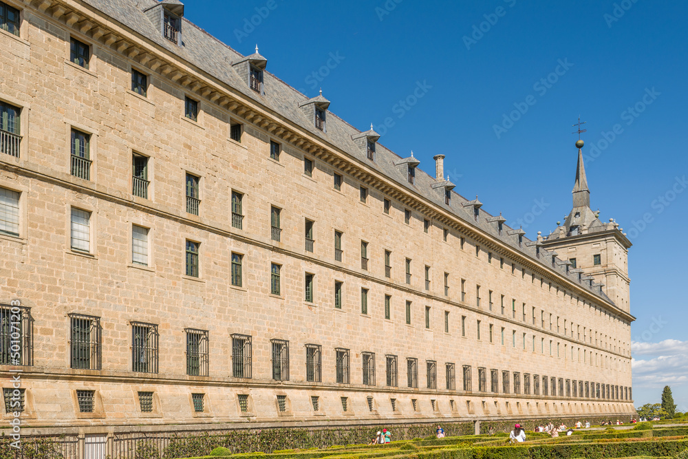 Royal Monastery of San Lorenzo de El Escorial. Lateral view. Located in the Community of Madrid, Spain, in the town of El Escorial.  Built in the sixteenth century and declared a World Heritage Site.