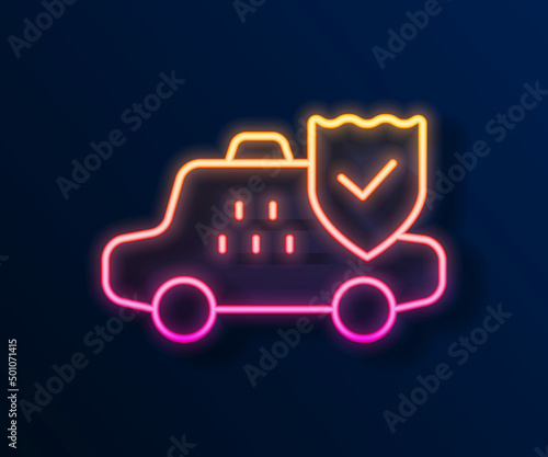 Glowing neon line Taxi car insurance icon isolated on black background. Vector