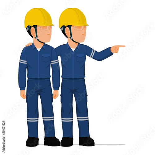 A worker is telling his friend to look at something