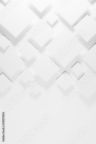 White geometric abstract background with rhombuses in sunlight with soft light gradient grey shadows as border, copy space, top view, vertical, tile pattern. Elegant modern backdrop in minimal style.