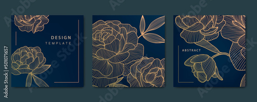 Vector artdeco luxury flower line pattern, golden background. Hand drawn peonies for packaging, social media post, cards, banners. Square shape.