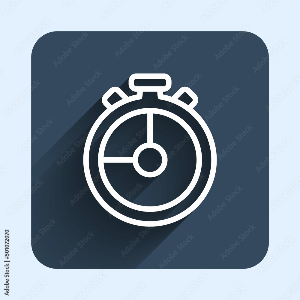 White line Stopwatch icon isolated with long shadow background. Time timer sign. Chronometer sign. Blue square button. Vector White line Stopwatch icon isolated with long shadow background. Time timer sign. Chronometer sign. Blue square button. Vector
