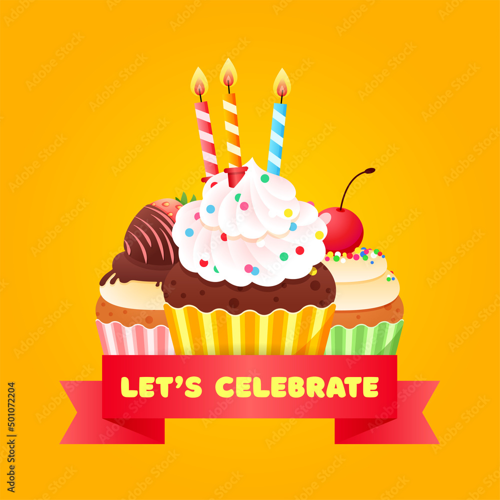 Happy Birthday card with cupcakes. Cartoon illustration of sweet muffins decorated with sprinkles and berries. Vector 10 EPS. Happy Birthday card with cupcakes. Cartoon illustration of sweet muffins decorated with sprinkles and berries. Vector 10 EPS.