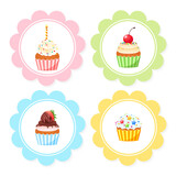 Set of cute birthday cupcake toppers. Illustrations of sweet muffins decorated with cream, pearl sprinkles and mermaid tails. Vector 10 EPS.