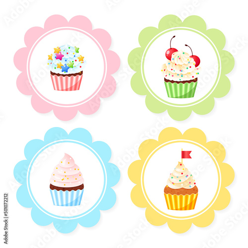 Set of cute birthday cupcake toppers. Illustrations of sweet muffins decorated with cream, pearl sprinkles and mermaid tails. Vector 10 EPS.