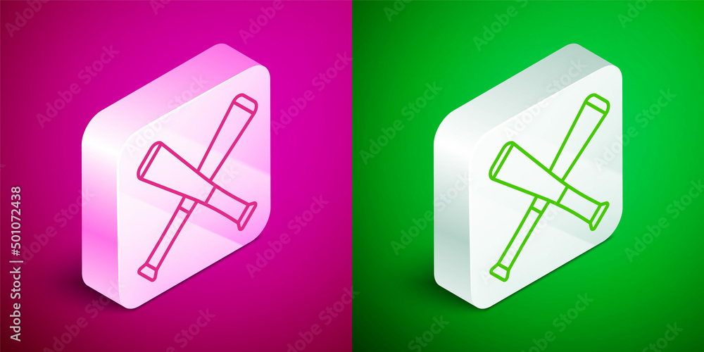 Isometric line Crossed baseball bat icon isolated on pink and green background. Silver square button. Vector Isometric line Crossed baseball bat icon isolated on pink and green background. Silver square button. Vector