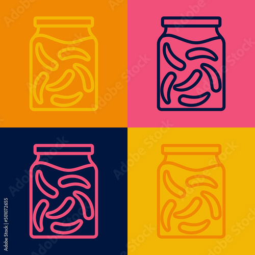 Pop art line Pickled cucumbers in a jar icon isolated on color background. Vector