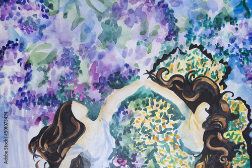 Couple beautiful women in round dance with long flowing hair in springtime morning garden. Blooming lilac figurative art. Freedom and womanhood concept.