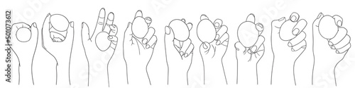 Hand holding a chicken egg, different poses, line art, vector