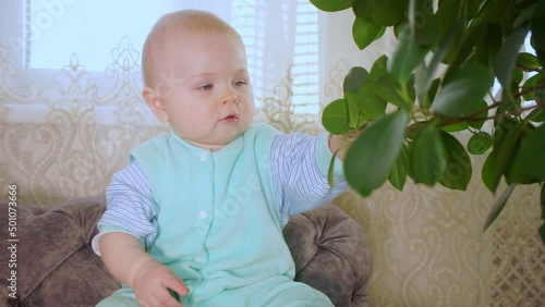 baby girl in turquoise costume sits and plays with leaves of flower