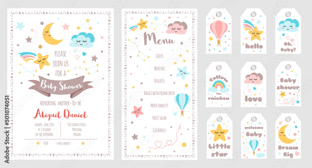 Baby Shower invite cards set. Nursery templates banners Menu, Thank You Moon Star rainbow Vector illustration Baby Shower invite cards set. Nursery templates banners Menu, Thank You Moon Star rainbow Vector illustration