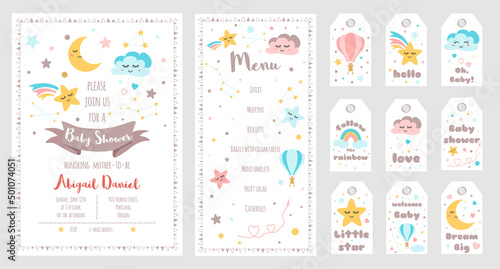 Baby Shower invite cards set. Nursery templates banners Menu, Thank You Moon Star rainbow Vector illustration