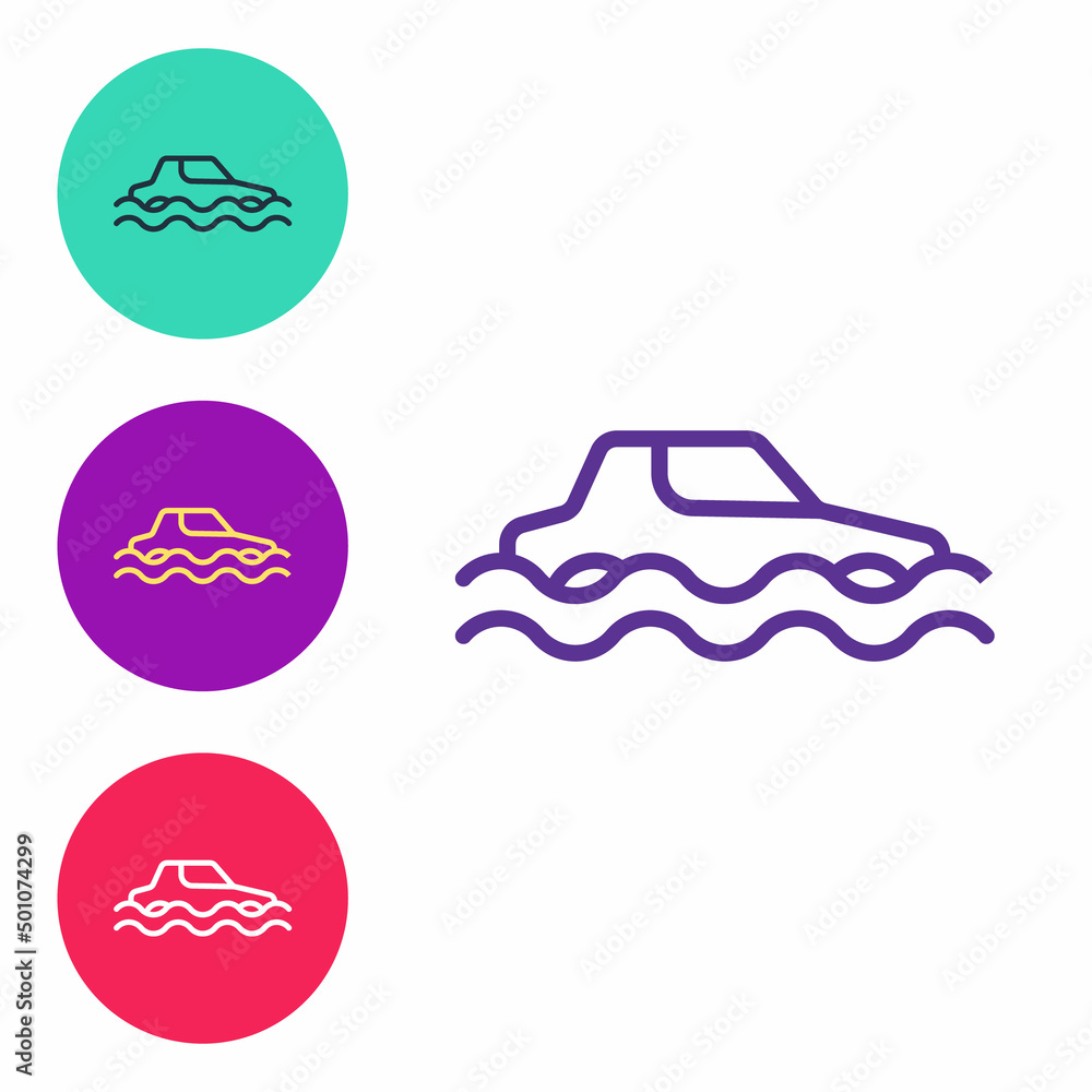 Set line Flood car icon isolated on white background. Insurance concept. Flood disaster concept. Security, safety, protection, protect concept. Set icons colorful. Vector