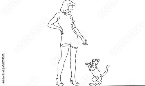 One continuous line.Woman with a cat. Girl plays with a pet. Domestic cat. One continuous line drawn isolated, white background.