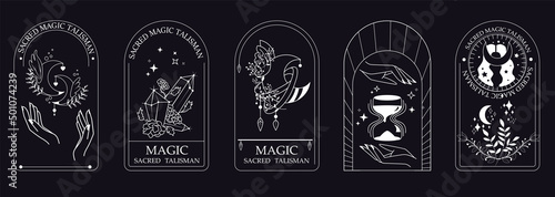 Boho frames set in trendy minimal liner style. Magic hands, moon, crystals, clocks, flowers. Collection of space and mysterious illustrations for stories templates. Minimalistic objects. Vector