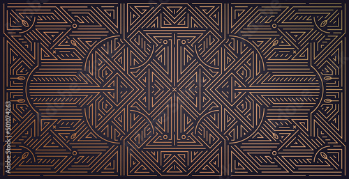 Vector abstract geometric golden background. Art deco wedding, party pattern, geometric ornament, linear style with leaves. Horizontal orientation luxury decoration element.