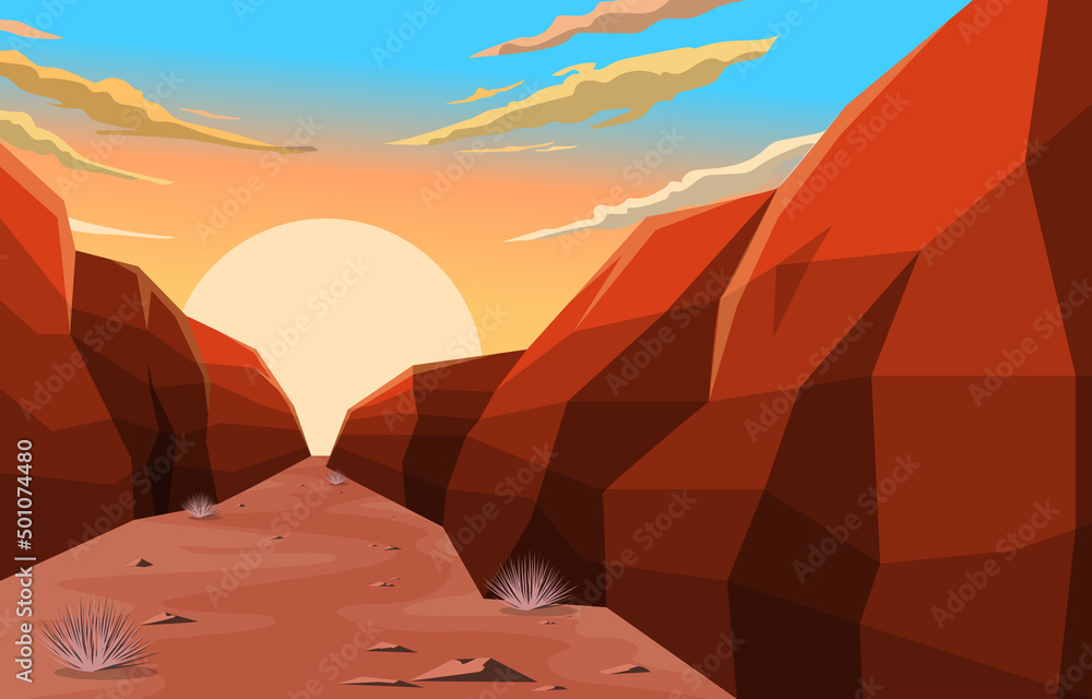 Sunrise in Western American Rock Cliff Vast Desert Landscape Illustration